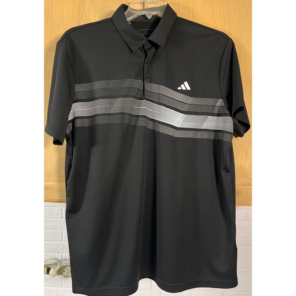 Adidas Polo Shirt Mens Large Black Graphic Stripe Short Sleeve‎ Golf